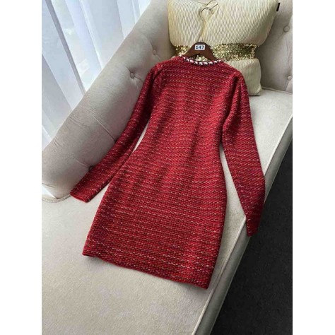 L658 Custom Made to order Tweeds Long Sleeve V-Neck Bow Trim Dress Regular Size XS S M L XL & Plus size 1x-10x (SZ16-52)