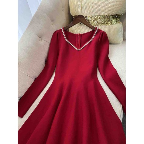 L659 Custom Made to order Cotton blend Jersey V-Neck Beaded Trim Fit & Flare Mini Dress Regular Size XS S M L XL & Plus size 1x-10x (SZ16-52)