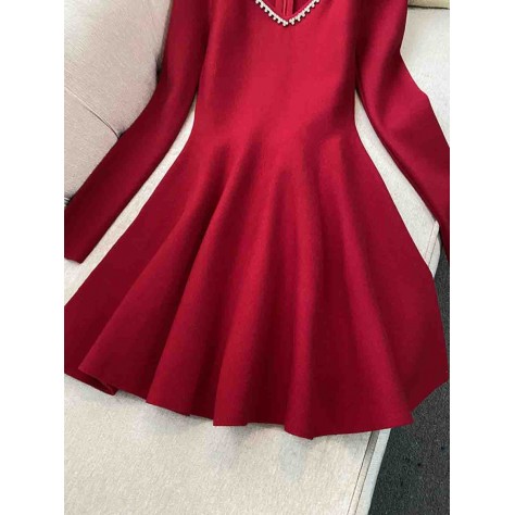 L659 Custom Made to order Cotton blend Jersey V-Neck Beaded Trim Fit & Flare Mini Dress Regular Size XS S M L XL & Plus size 1x-10x (SZ16-52)