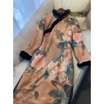 L660 Custom Made to order Polyester 3/4 Sleeve Fur Trim Floral Cheongsam Dress Regular Size XS S M L XL & Plus size 1x-10x (SZ16-52)