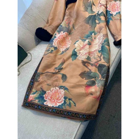 L660 Custom Made to order Polyester 3/4 Sleeve Fur Trim Floral Cheongsam Dress Regular Size XS S M L XL & Plus size 1x-10x (SZ16-52)