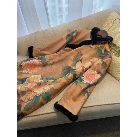 L660 Custom Made to order Polyester 3/4 Sleeve Fur Trim Floral Cheongsam Dress Regular Size XS S M L XL & Plus size 1x-10x (SZ16-52)