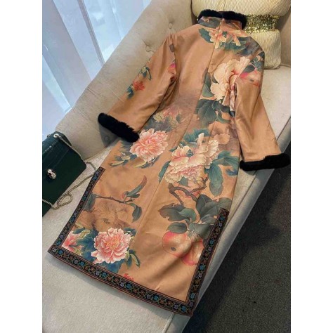 L660 Custom Made to order Polyester 3/4 Sleeve Fur Trim Floral Cheongsam Dress Regular Size XS S M L XL & Plus size 1x-10x (SZ16-52)