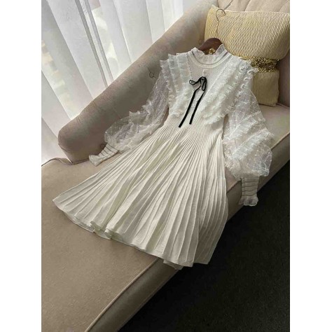 L663 Custom Made to order Polyester Balloon Sleeve Sheer LaceTrim Pleated Dress Regular Size XS S M L XL & Plus size 1x-10x (SZ16-52)