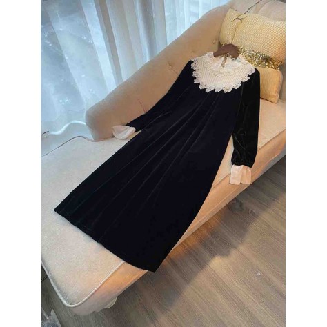 L666 Custom Made to order Velvet Crew Neck Beaded  Trim Velvet  A-Line Dress Regular Size XS S M L XL & Plus size 1x-10x (SZ16-52)