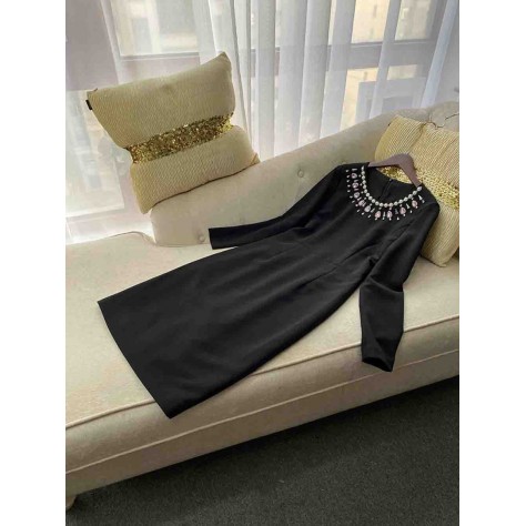 L667 Custom Made to order Cotton blend spandex Crew Neck Beaded Trim High Waist Dress New Regular Size XS S M L XL & Plus size 1x-10x (SZ16-52)