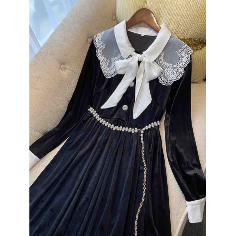 L668 Custom Made to order Velvet Long Sleeve A-Line Pleated Velvet Dress Regular Size XS S M L XL & Plus size 1x-10x (SZ16-52)