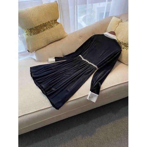 L668 Custom Made to order Velvet Long Sleeve A-Line Pleated Velvet Dress Regular Size XS S M L XL & Plus size 1x-10x (SZ16-52)