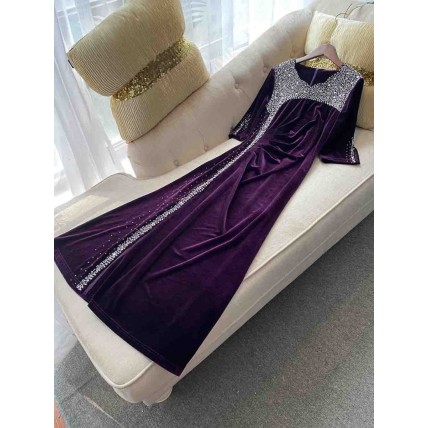 L669 Custom Made to order Velvet Women's Rhinestone Ruched  Side Slit Dress Regular Size XS S M L XL & Plus size 1x-10x (SZ16-52)