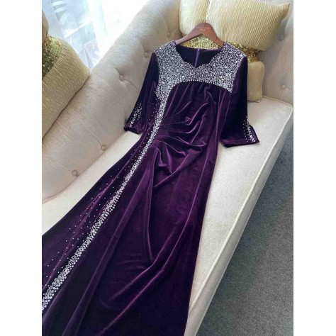 L669 Custom Made to order Velvet Women's Rhinestone Ruched  Side Slit Dress Regular Size XS S M L XL & Plus size 1x-10x (SZ16-52)