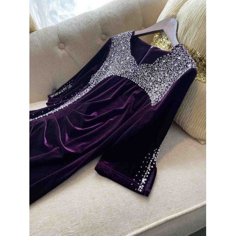 L669 Custom Made to order Velvet Women's Rhinestone Ruched  Side Slit Dress Regular Size XS S M L XL & Plus size 1x-10x (SZ16-52)