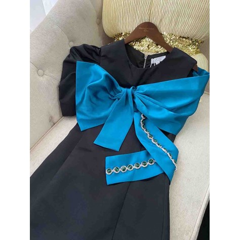 L673 Custom Made to order Satin Asymmetric Puff Sleeve Bow Trim Mini Dress Regular Size XS S M L XL & Plus size 1x-10x (SZ16-52)