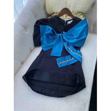 L673 Custom Made to order Satin Asymmetric Puff Sleeve Bow Trim Mini Dress Regular Size XS S M L XL & Plus size 1x-10x (SZ16-52)