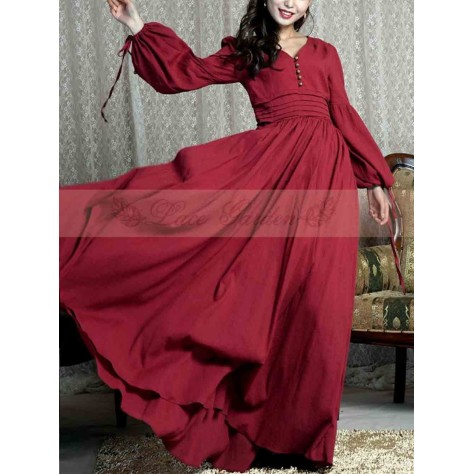 L68 Linen Balloon Sleeve A-line High Waist Gown Dress Regular Size XS S M L XL & Plus size 1x-10x (SZ16-52)