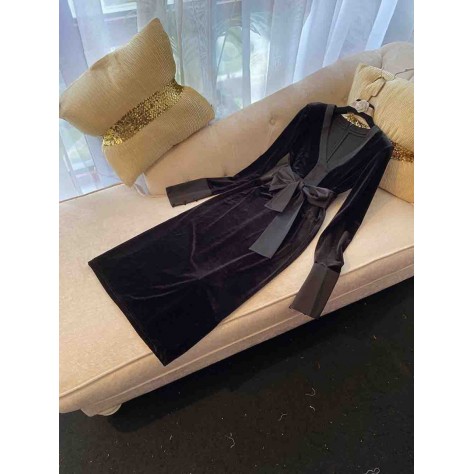 L682 Custom Made to order Velvet V-Neck Stretch Long Sleeve Bow Dress Regular Size XS S M L XL & Plus size 1x-10x (SZ16-52)