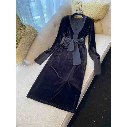 L682 Custom Made to order Velvet V-Neck Stretch Long Sleeve Bow Dress Regular Size XS S M L XL & Plus size 1x-10x (SZ16-52)