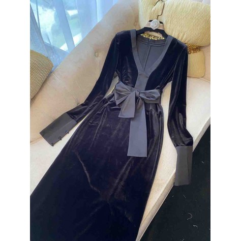 L682 Custom Made to order Velvet V-Neck Stretch Long Sleeve Bow Dress Regular Size XS S M L XL & Plus size 1x-10x (SZ16-52)