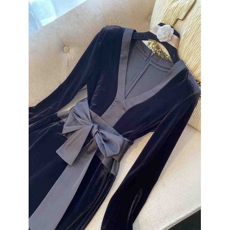 L682 Custom Made to order Velvet V-Neck Stretch Long Sleeve Bow Dress Regular Size XS S M L XL & Plus size 1x-10x (SZ16-52)