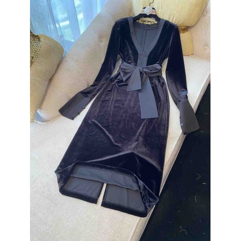 L682 Custom Made to order Velvet V-Neck Stretch Long Sleeve Bow Dress Regular Size XS S M L XL & Plus size 1x-10x (SZ16-52)