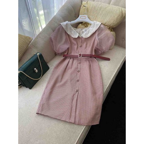 L683 Custom Made to order Polyester Women's Puff Sleeve Check A-Line Dress New Regular Size XS S M L XL & Plus size 1x-10x (SZ16-52)