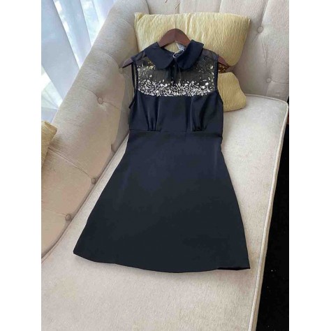 L687 Custom Made to order Cotton blend spandex  Sleeveless Rhinestone Trim Mini party Dress Regular Size XS S M L XL & Plus size 1x-10x (SZ16-52)