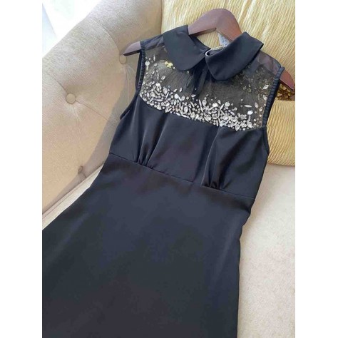 L687 Custom Made to order Cotton blend spandex  Sleeveless Rhinestone Trim Mini party Dress Regular Size XS S M L XL & Plus size 1x-10x (SZ16-52)