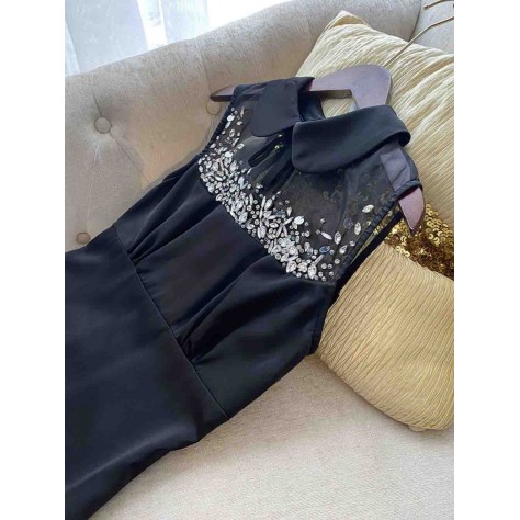 L687 Custom Made to order Cotton blend spandex  Sleeveless Rhinestone Trim Mini party Dress Regular Size XS S M L XL & Plus size 1x-10x (SZ16-52)