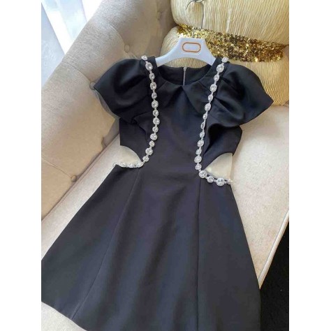 L690 Custom Made to order Cotton blend spandex Crew Neck Rhinestone Trim Cut Out Dress New Regular Size XS S M L XL & Plus size 1x-10x (SZ16-52)