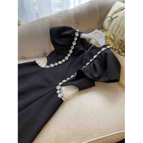 L690 Custom Made to order Cotton blend spandex Crew Neck Rhinestone Trim Cut Out Dress New Regular Size XS S M L XL & Plus size 1x-10x (SZ16-52)