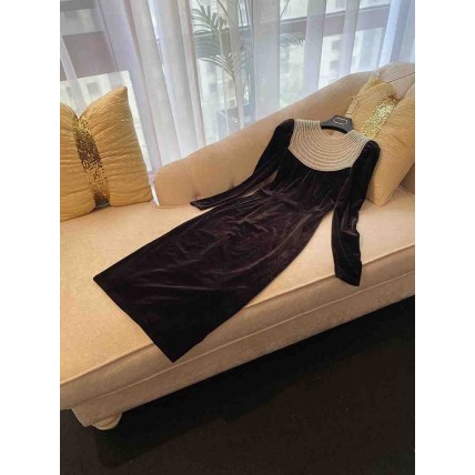 L701 Custom Made to order Velvet Crew Neck Beaded Trim Slim Stretch Dress Regular Size XS S M L XL & Plus size 1x-10x (SZ16-52)