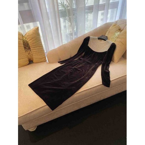 L701 Custom Made to order Velvet Crew Neck Beaded Trim Slim Stretch Dress Regular Size XS S M L XL & Plus size 1x-10x (SZ16-52)