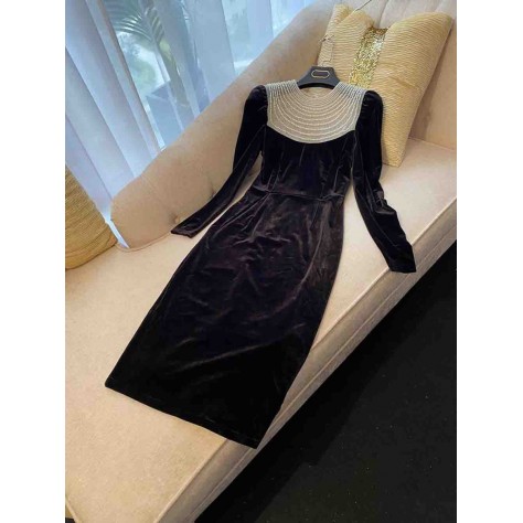 L701 Custom Made to order Velvet Crew Neck Beaded Trim Slim Stretch Dress Regular Size XS S M L XL & Plus size 1x-10x (SZ16-52)