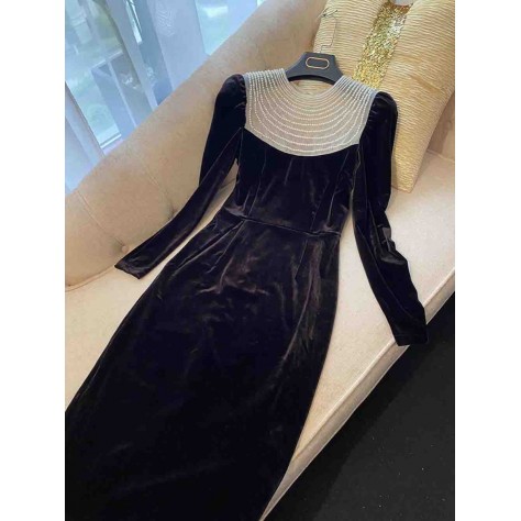 L701 Custom Made to order Velvet Crew Neck Beaded Trim Slim Stretch Dress Regular Size XS S M L XL & Plus size 1x-10x (SZ16-52)