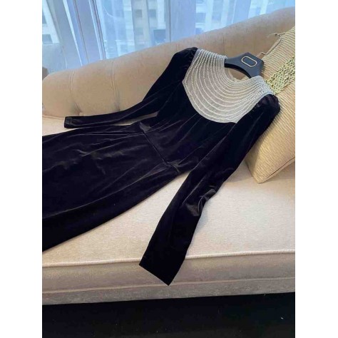 L701 Custom Made to order Velvet Crew Neck Beaded Trim Slim Stretch Dress Regular Size XS S M L XL & Plus size 1x-10x (SZ16-52)