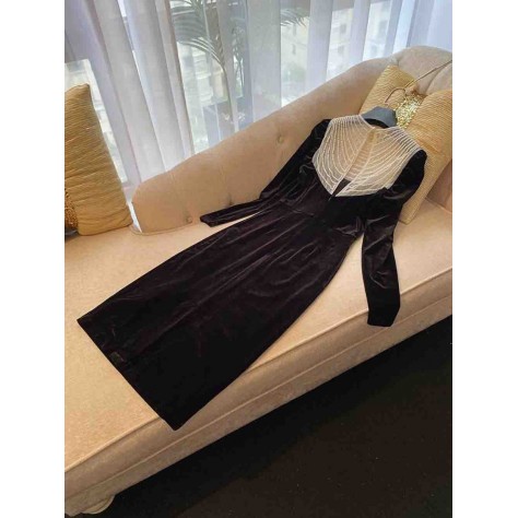 L701 Custom Made to order Velvet Crew Neck Beaded Trim Slim Stretch Dress Regular Size XS S M L XL & Plus size 1x-10x (SZ16-52)