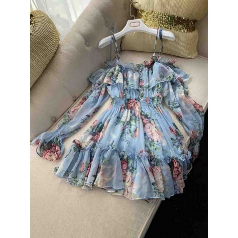 L711 Custom Made to order Chiffon Women's Off the Shoulder Floral Ruffle Dress Regular Size XS S M L XL & Plus size 1x-10x (SZ16-52)