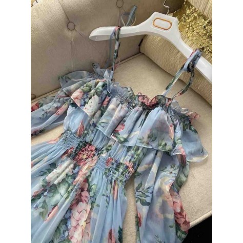 L711 Custom Made to order Chiffon Women's Off the Shoulder Floral Ruffle Dress Regular Size XS S M L XL & Plus size 1x-10x (SZ16-52)