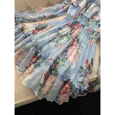 L711 Custom Made to order Chiffon Women's Off the Shoulder Floral Ruffle Dress Regular Size XS S M L XL & Plus size 1x-10x (SZ16-52)