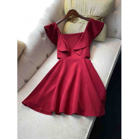 L714 Custom Made to order Cotton blend spandex Square Neck Ruffle A-Line Mini Cut Out Dress Regular Size XS S M L XL & Plus size 1x-10x (SZ16-52)