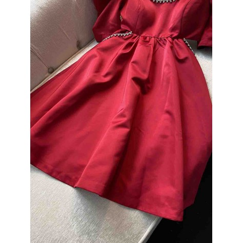 L718 Custom Made to order Satin Puff Sleeve Scoop Neck Beaded A-Line Dress Regular Size XS S M L XL & Plus size 1x-10x (SZ16-52)