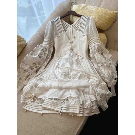 L720 Custom Made to order Polyester V-Neck Lace Embroidered A-Line Mini Dress Regular Size XS S M L XL & Plus size 1x-10x (SZ16-52)