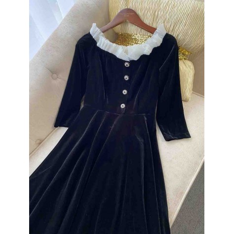 L727 Custom Made to order Velvet High Waist Ruffle Neck A-Line Velvet Dress Regular Size XS S M L XL & Plus size 1x-10x (SZ16-52)