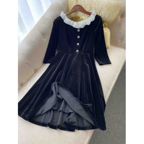 L727 Custom Made to order Velvet High Waist Ruffle Neck A-Line Velvet Dress Regular Size XS S M L XL & Plus size 1x-10x (SZ16-52)