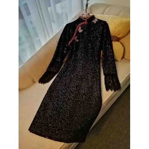 L730 Custom Made to order Polyester Sequin Fur Trim Slim Cheongsam Party Dress Regular Size XS S M L XL & Plus size 1x-10x (SZ16-52)