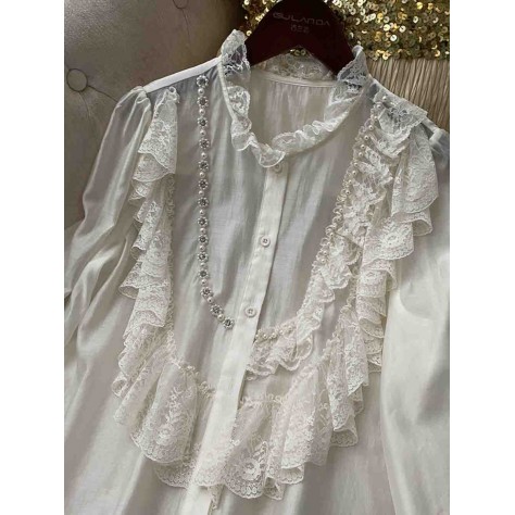 L734 Custom Made To Order Chiffon Long Sleeve Beaded Ruffle Blouse Regular Size XS S M L XL & Plus size 1x-10x (SZ16-52)