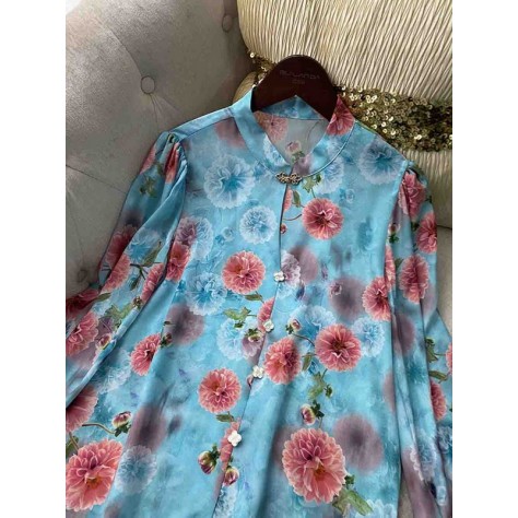 L737 Custom Made To Order Chiffon Women Mock Neck Balloon Sleeve Floral Shirt Regular Size XS S M L XL & Plus size 1x-10x (SZ16-52)