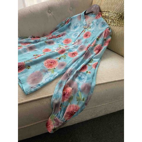 L737 Custom Made To Order Chiffon Women Mock Neck Balloon Sleeve Floral Shirt Regular Size XS S M L XL & Plus size 1x-10x (SZ16-52)