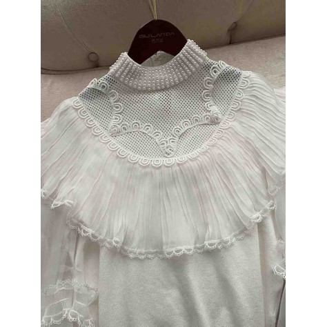 L740 Custom Made To Order Polyester Mock Neck Beaded Ruffle Balloon Sleeve Top Regular Size XS S M L XL & Plus size 1x-10x (SZ16-52)