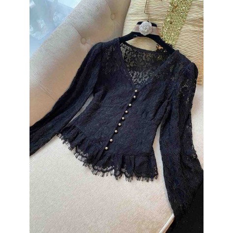 L743 Custom Made To Order Lace Women Long Sleeve V-Neck Sheer Blouse Regular Size XS S M L XL & Plus size 1x-10x (SZ16-52)