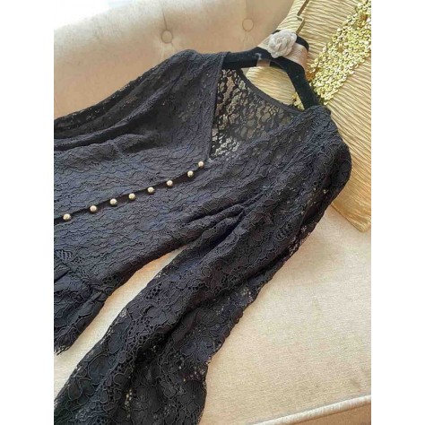 L743 Custom Made To Order Lace Women Long Sleeve V-Neck Sheer Blouse Regular Size XS S M L XL & Plus size 1x-10x (SZ16-52)